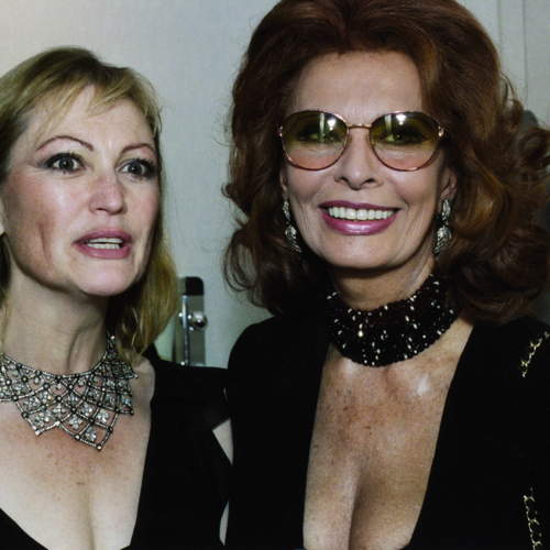 A black gold Czarina collection necklace and Mrs Sophia Loren wearing diamonds Repossi earrings high jewellery collection, Geneva exhibition 2003