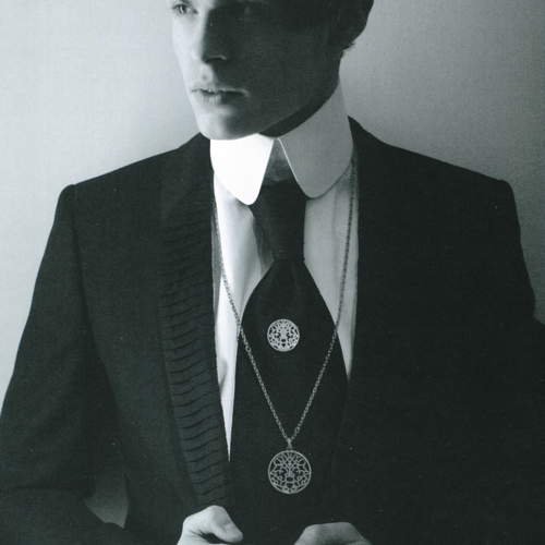 Picture of a collection made by Karl Lagerfeld with Baptiste Giacobini «dressed like a young Karl» wearing different accessories of the «man collection» of Gaia Repossi, 2009